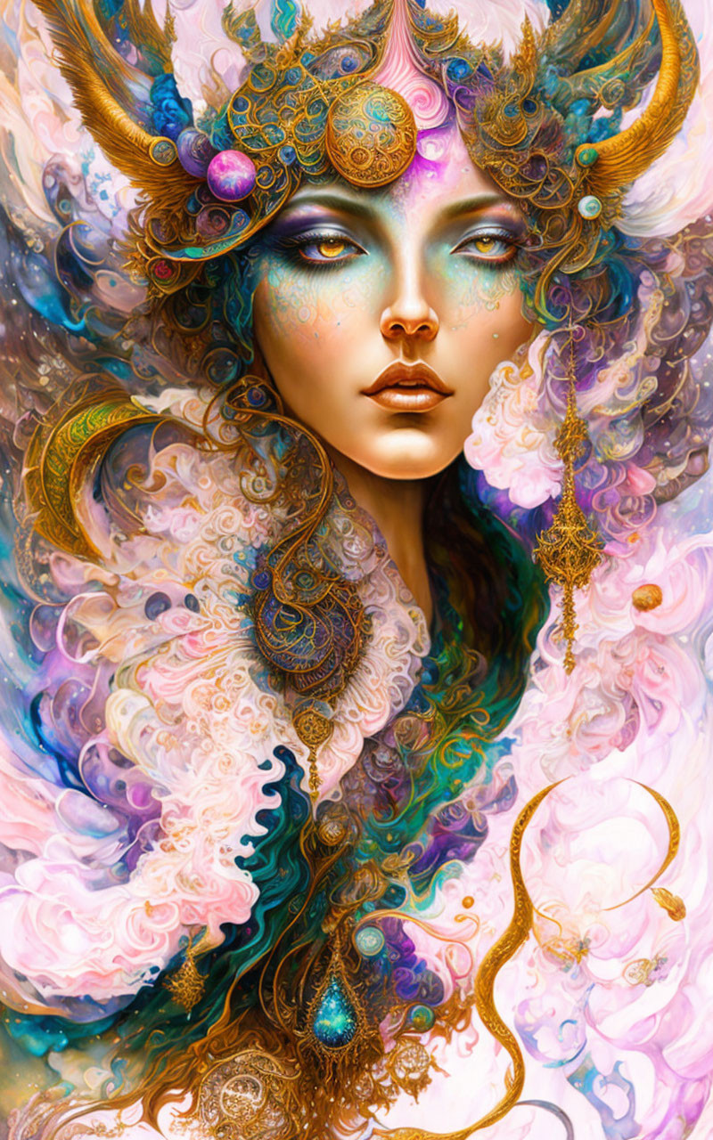 Colorful digital artwork of woman with ornate headpiece and accessories