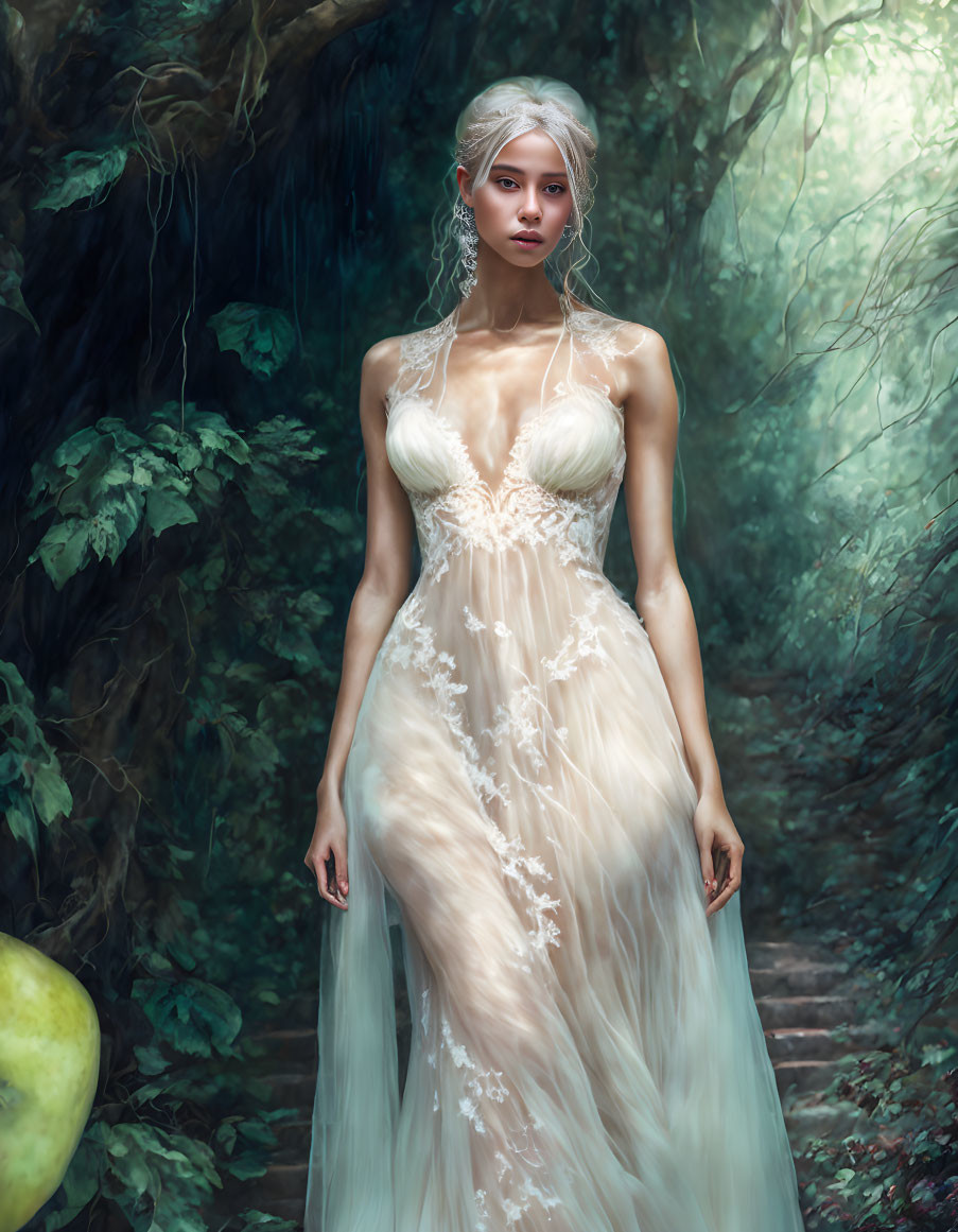 Woman in white gown stands in serene forest setting