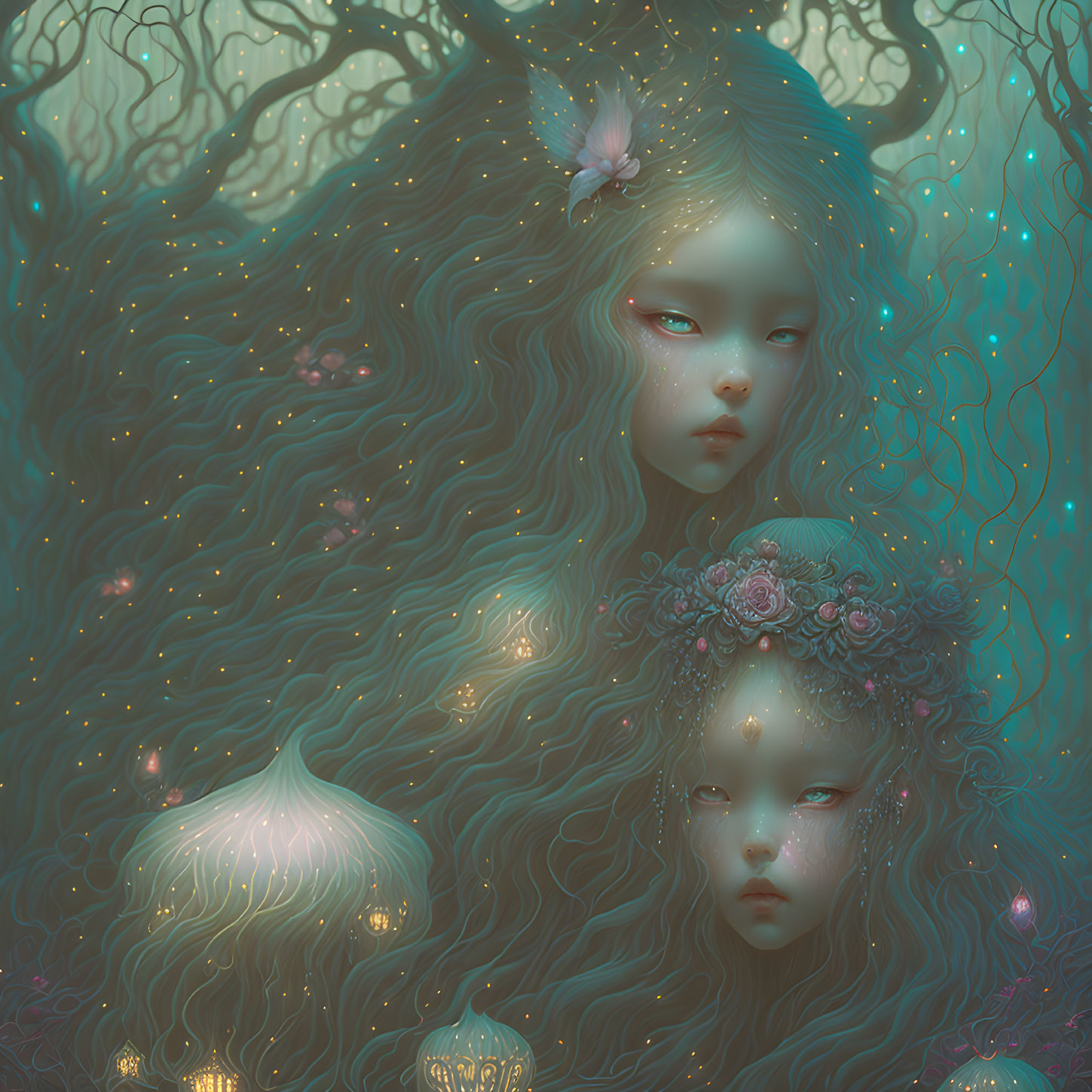 Ethereal beings with glowing hair in enchanted forest