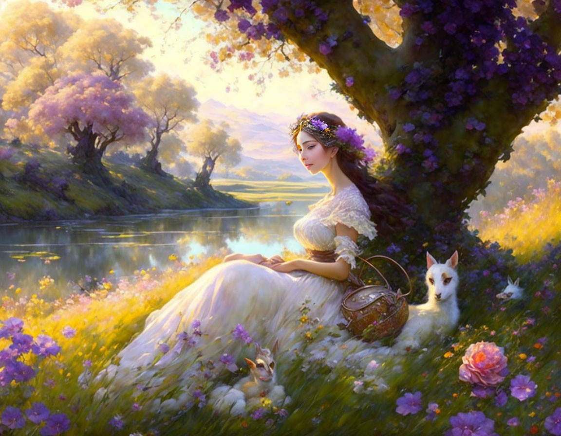 Woman in white gown under purple blossom trees with white dog and fawn by river