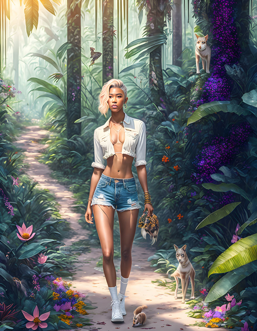 Woman walking in sunlit jungle with wild cats among lush greenery