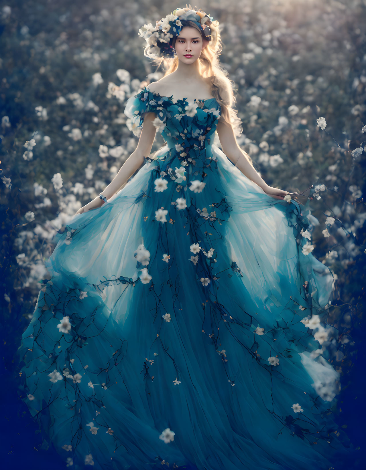 Woman in Blue Floral Dress Standing in Blooming Field