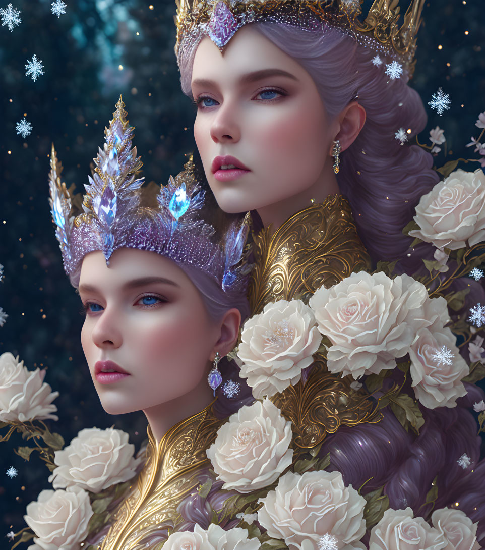 Illustration of royal figures with golden crowns and white crystal adornments amidst white roses on starry