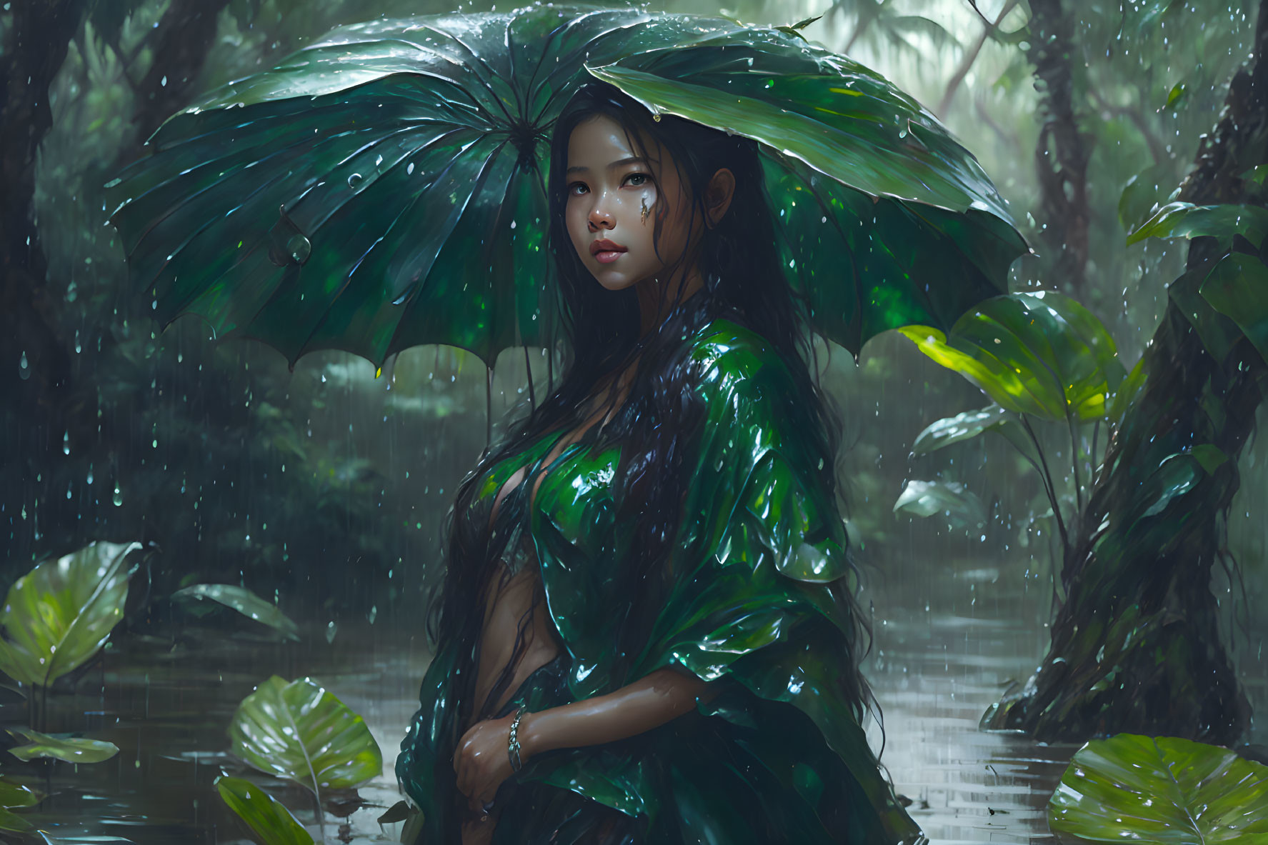 Woman standing under large umbrella in heavy rain surrounded by lush greenery