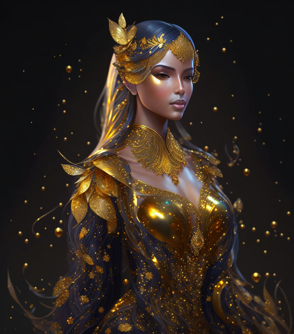 Digital artwork: Woman in golden armor and headdress on dark backdrop