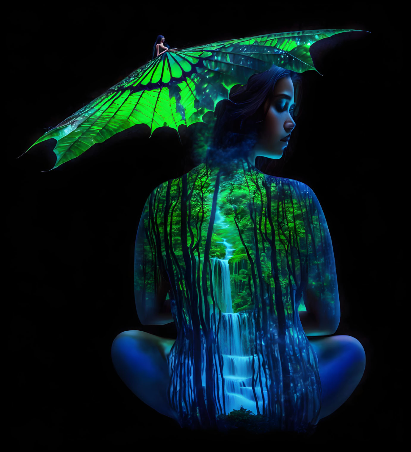 Surreal image: Woman in meditative pose with forest silhouette and luminous green butterfly wing