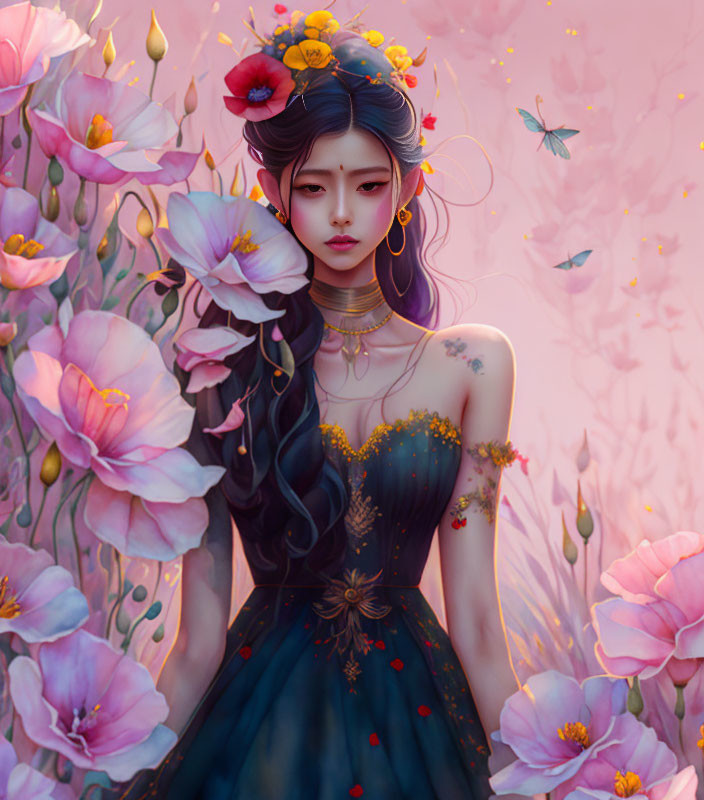 Illustrated woman with dark hair in floral crown, navy and gold dress surrounded by pink blooms and butterflies