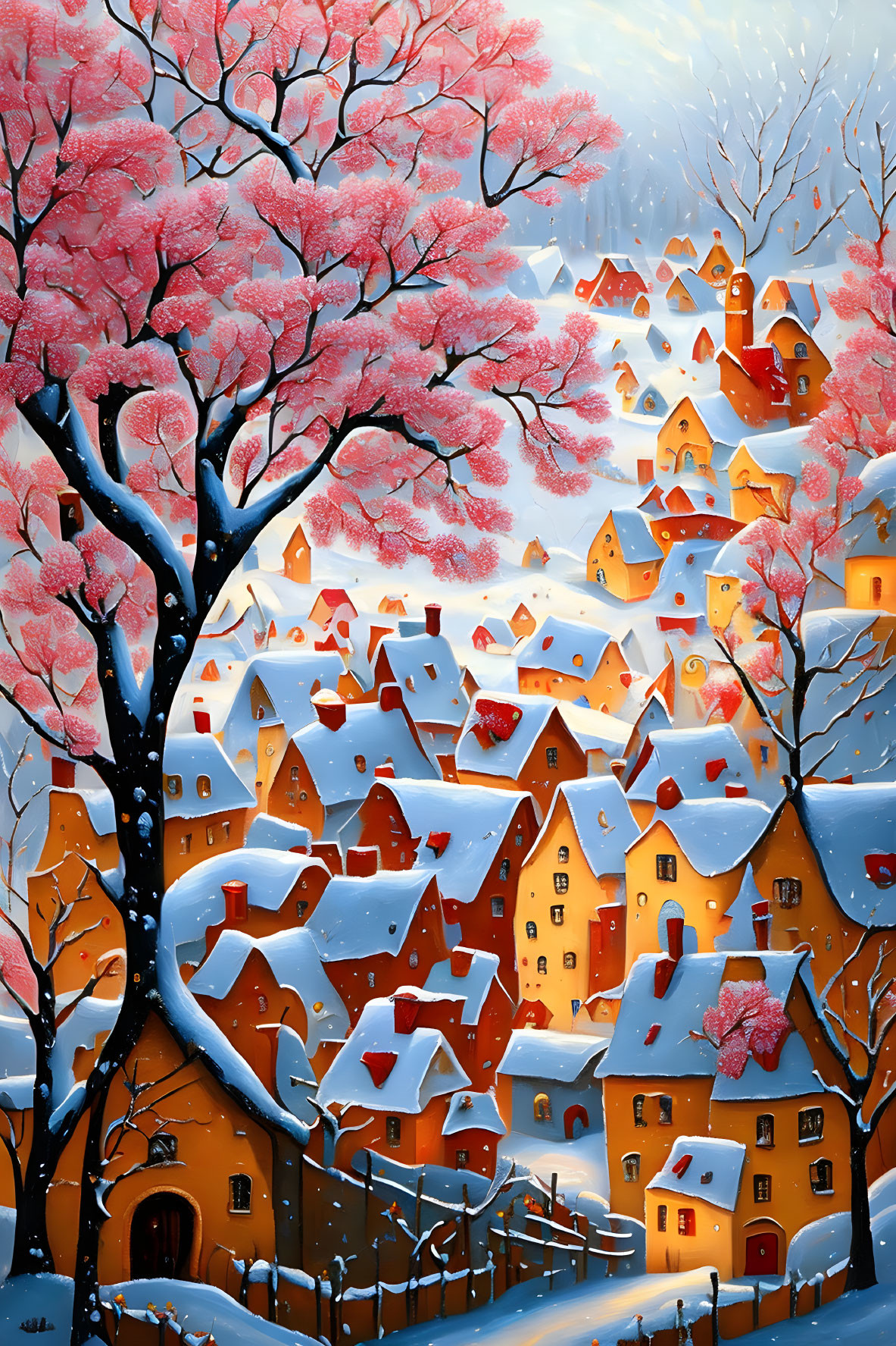 Winter scene with pink blossomed trees and snow-covered orange houses