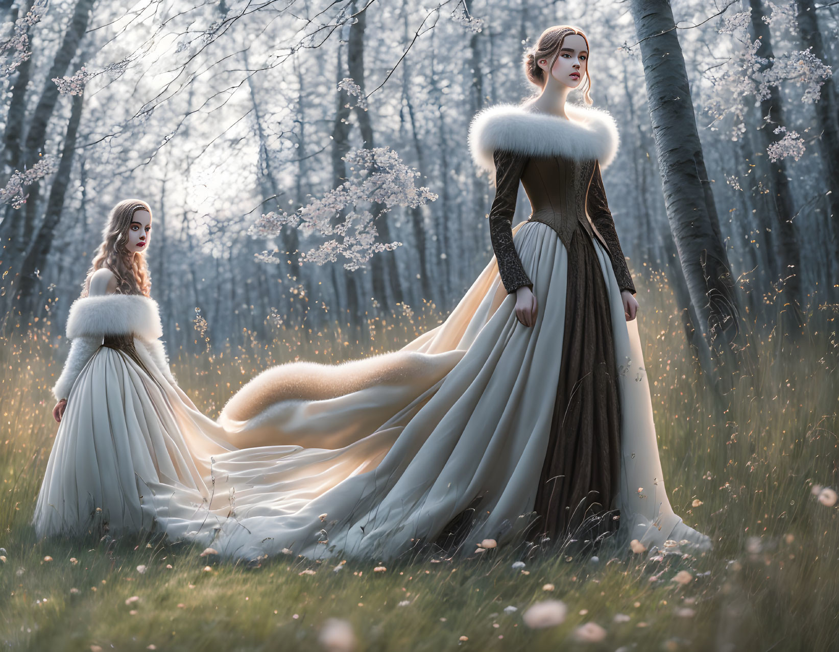 Two Women in Elegant Medieval Gowns in Mystical Forest with White Flowers