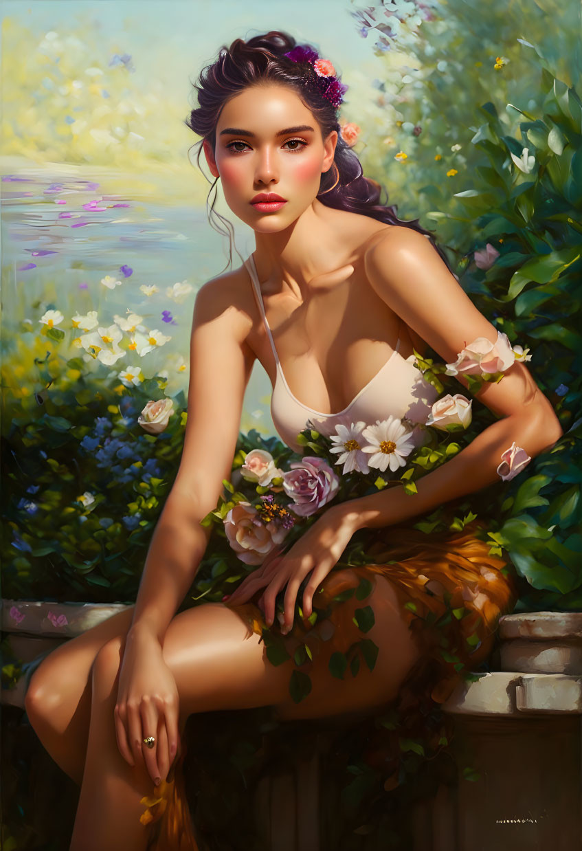 Portrait of a woman surrounded by flowers and serene expression