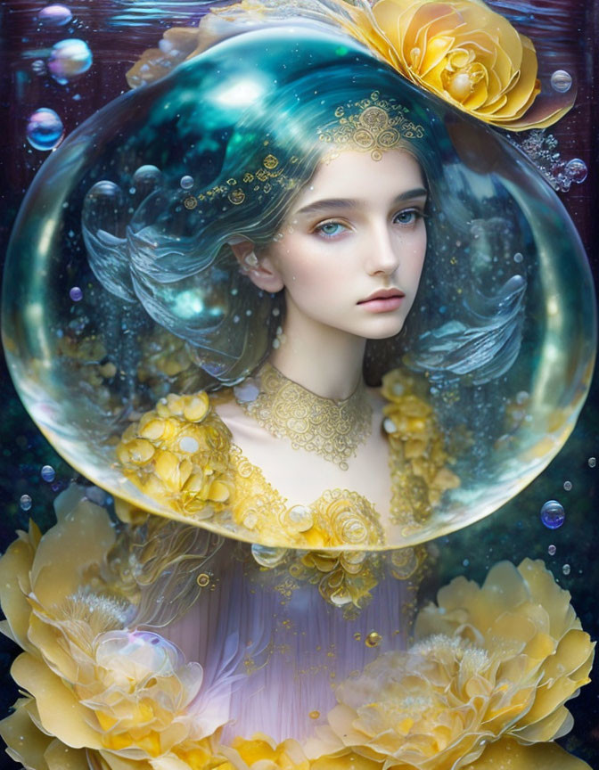 Fantasy figure portrait in bubble with flowing hair and yellow flowers