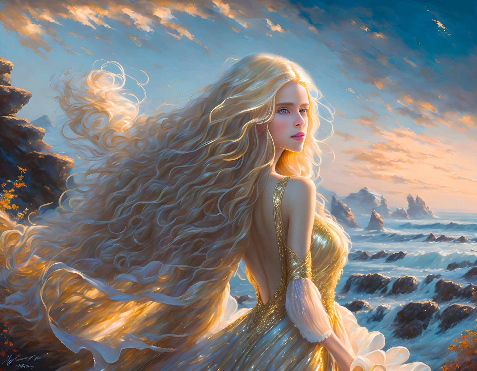 Blonde woman in golden dress by the sea at sunset