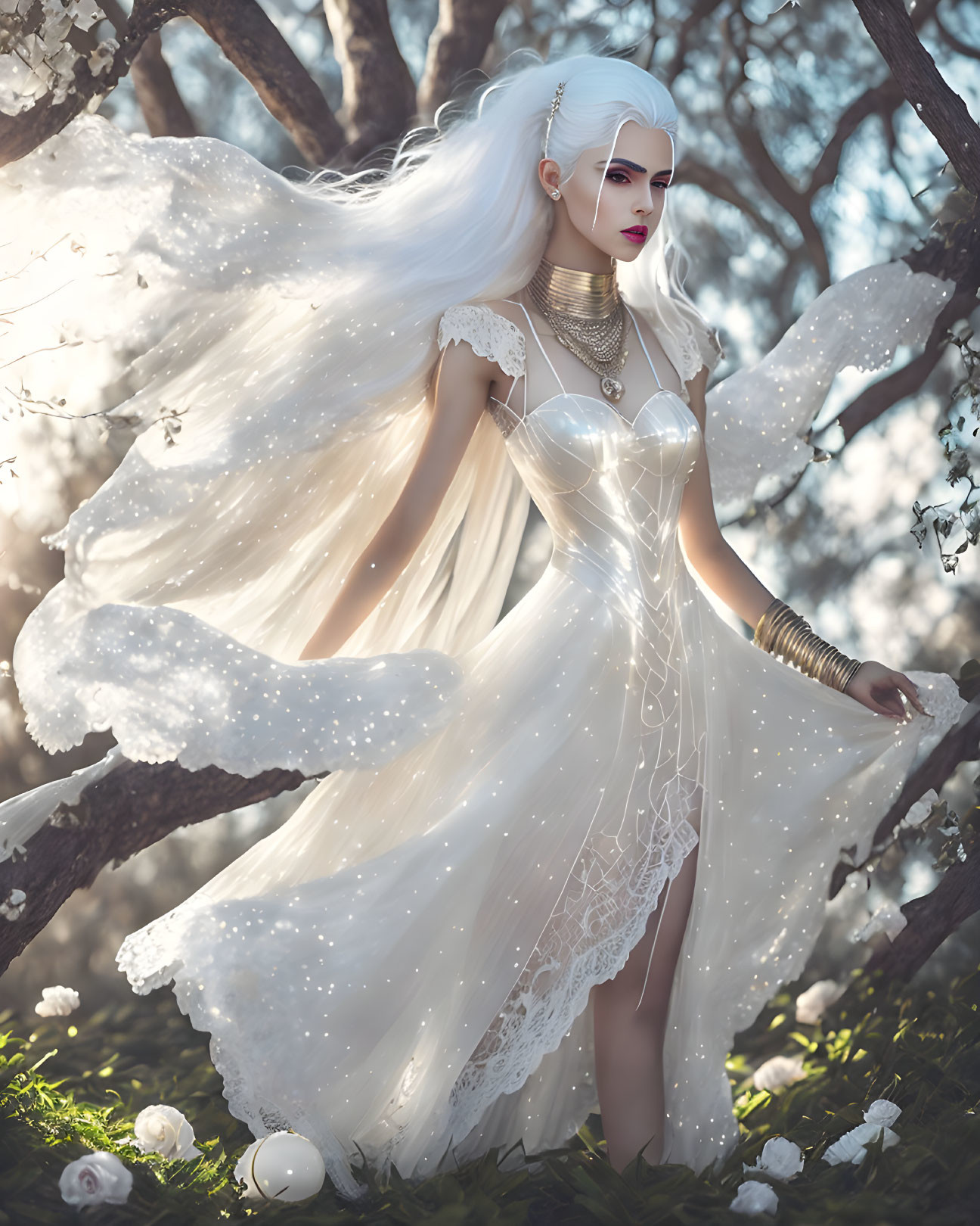 Fantasy elf in white dress surrounded by blossoming trees