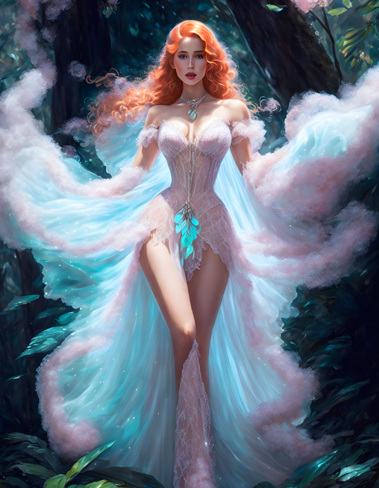 Digital Artwork: Red-Haired Woman in White Gown in Forest Setting