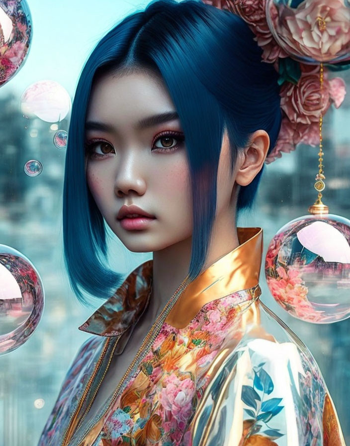 Digital artwork of woman with blue hair in traditional clothing amid bubbles and roses.