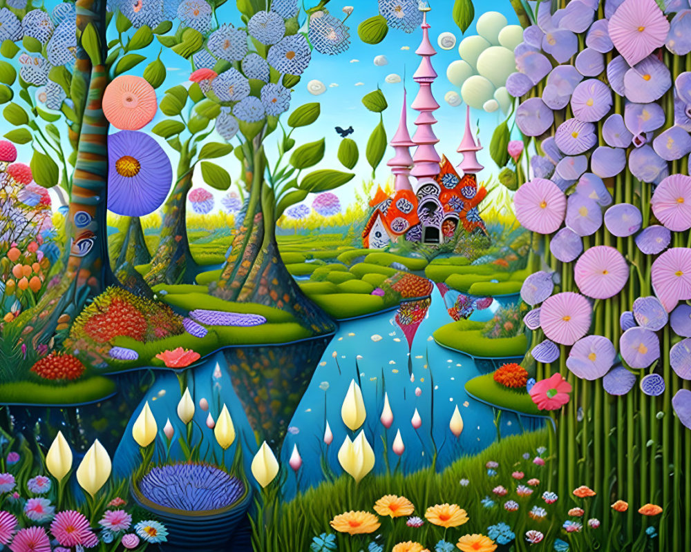 Colorful Fairytale Castle Landscape with Trees, Flowers, and Floating Candles