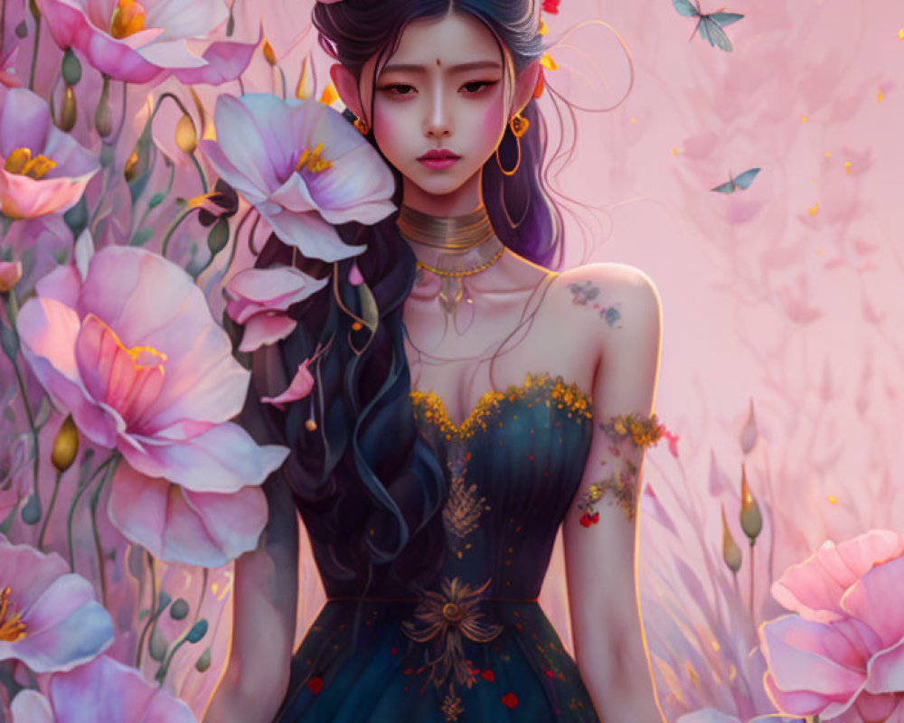 Illustrated woman with dark hair in floral crown, navy and gold dress surrounded by pink blooms and butterflies