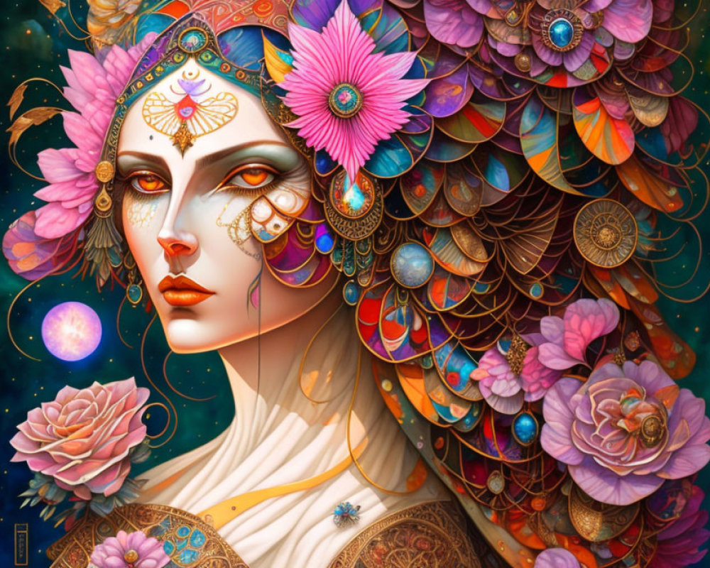 Colorful woman with ornate headdress and cosmic elements.