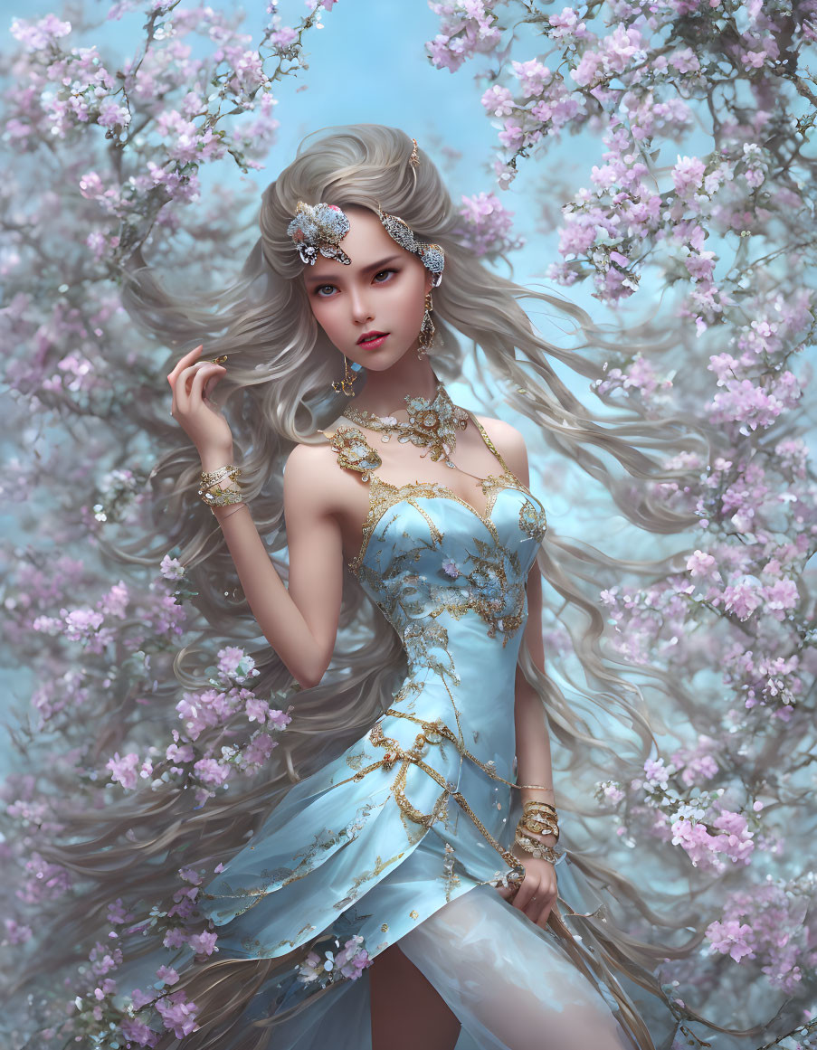 Silver-haired woman in blue and gold gown surrounded by pink flowers and mystical accessory