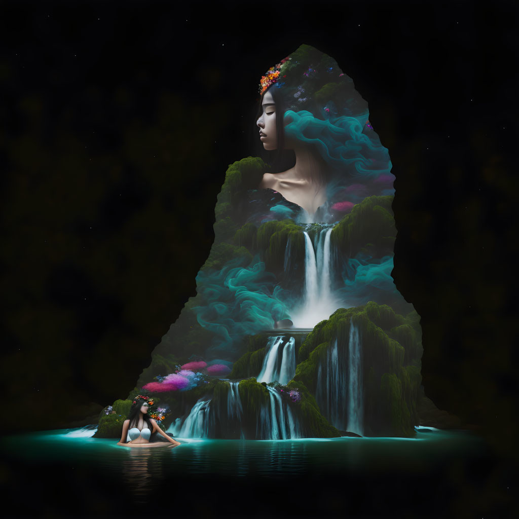 Surreal silhouette of woman as mountain with waterfalls in dark setting