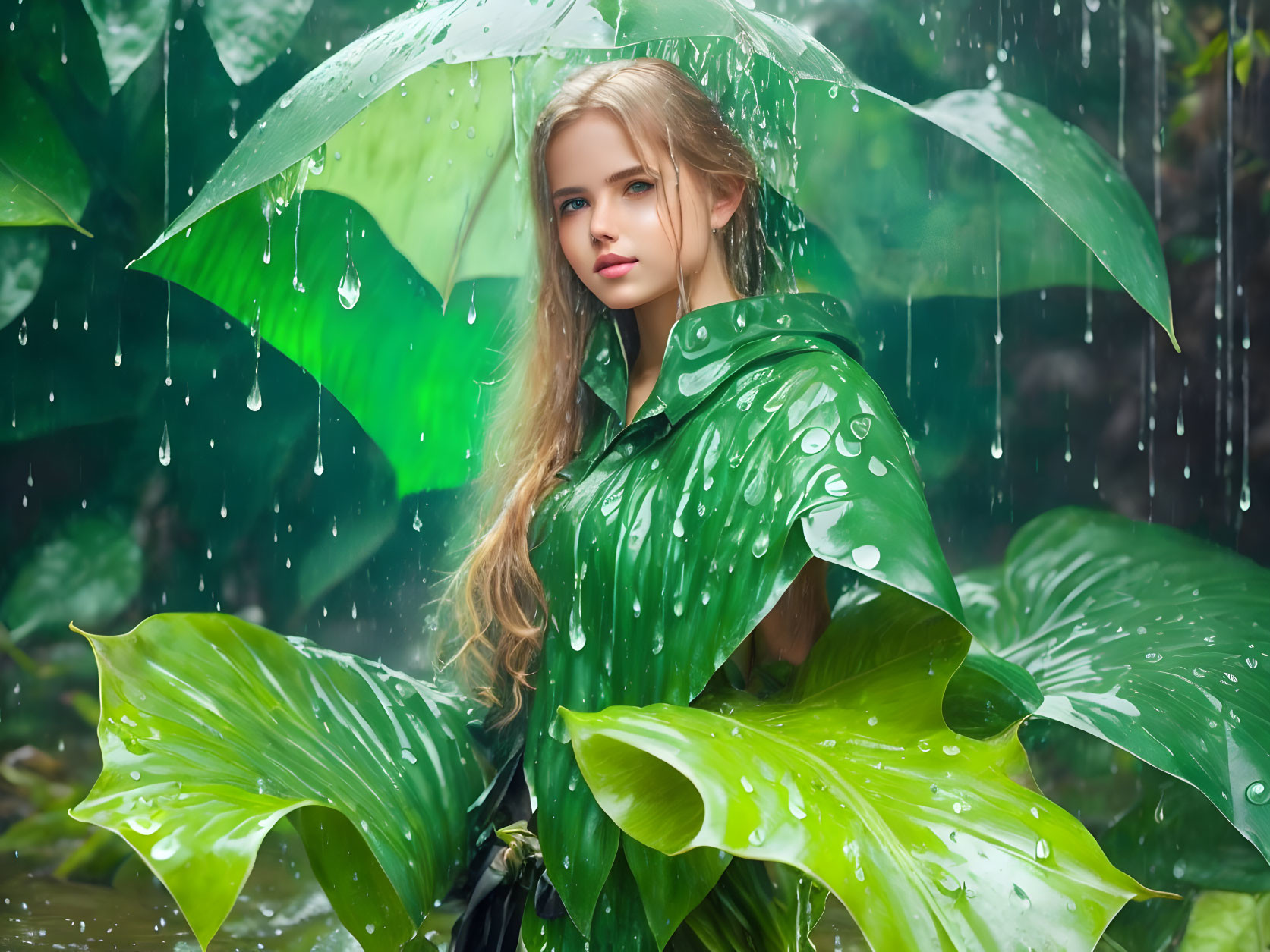 Young Woman Standing in Rain with Loose Hair and Green Cape Among Green Leaves