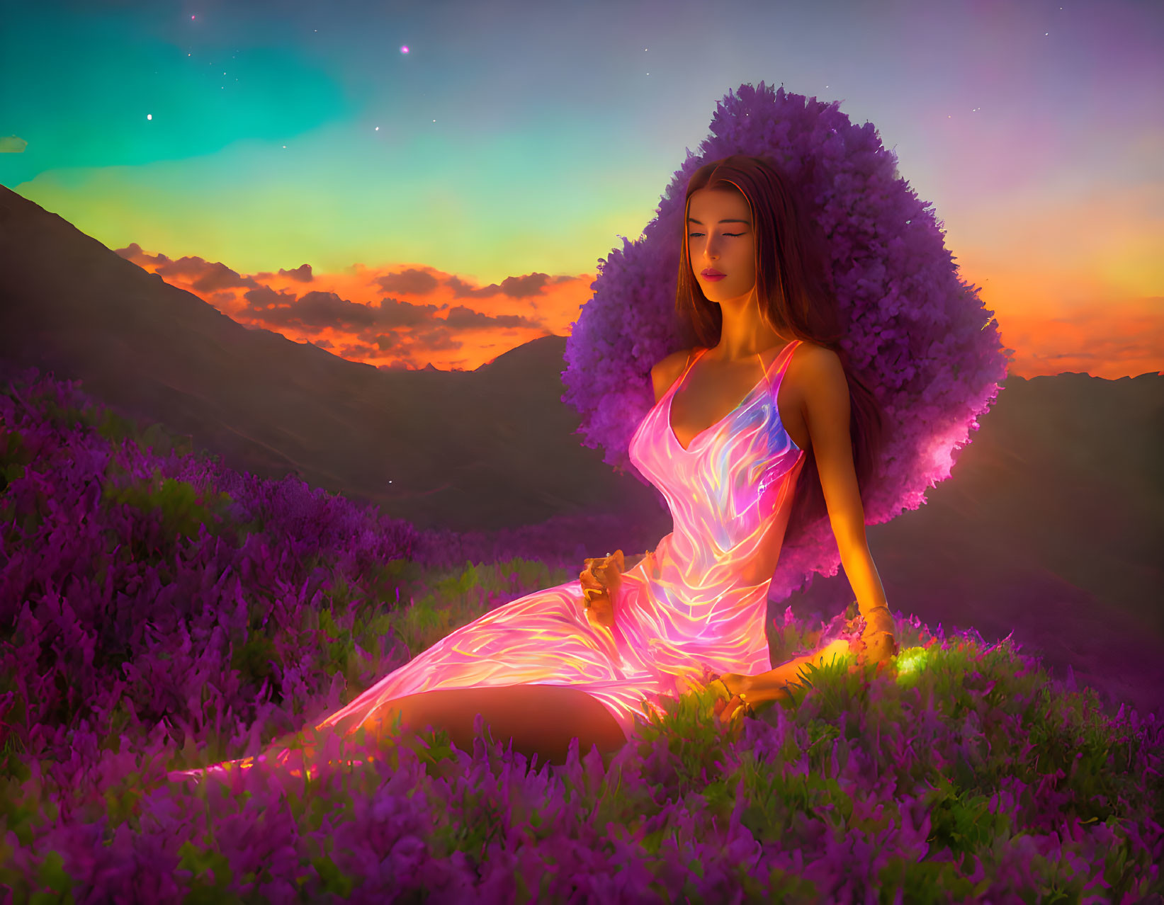 Woman in Glowing Attire Amid Lavender at Sunset