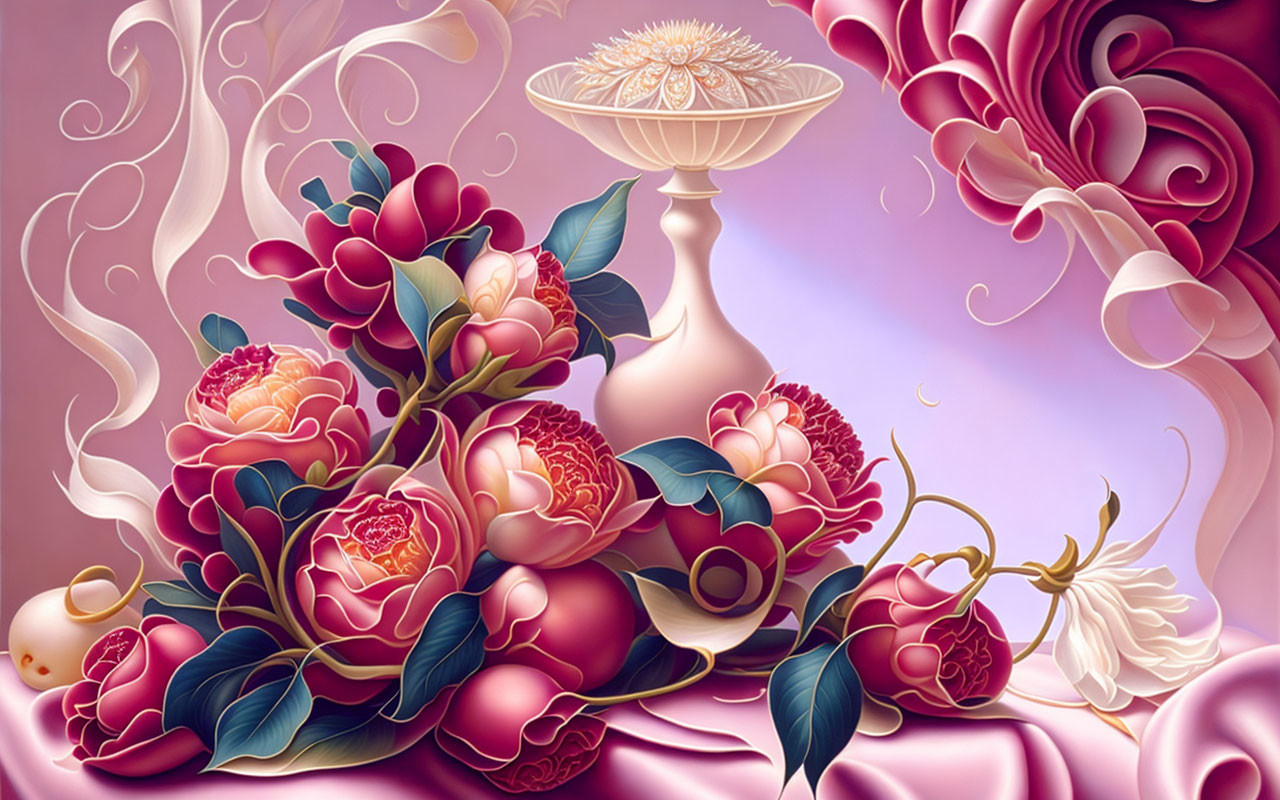 Stylized red and pink flower illustration with ornate bowl on pedestal