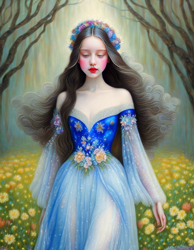 Portrait of woman in blue floral dress with flowing hair in whimsical setting