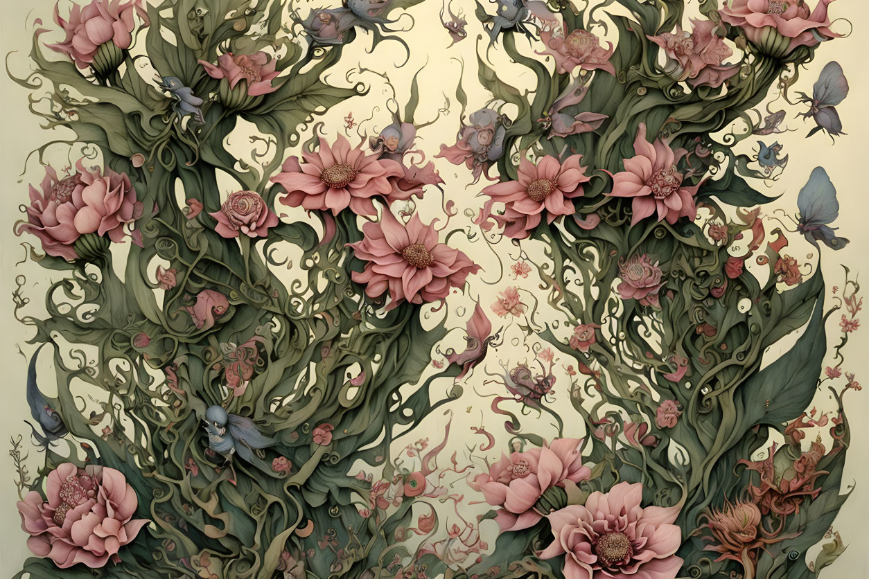 Detailed botanical illustration with lush vines and blooming flowers in subtle hues.