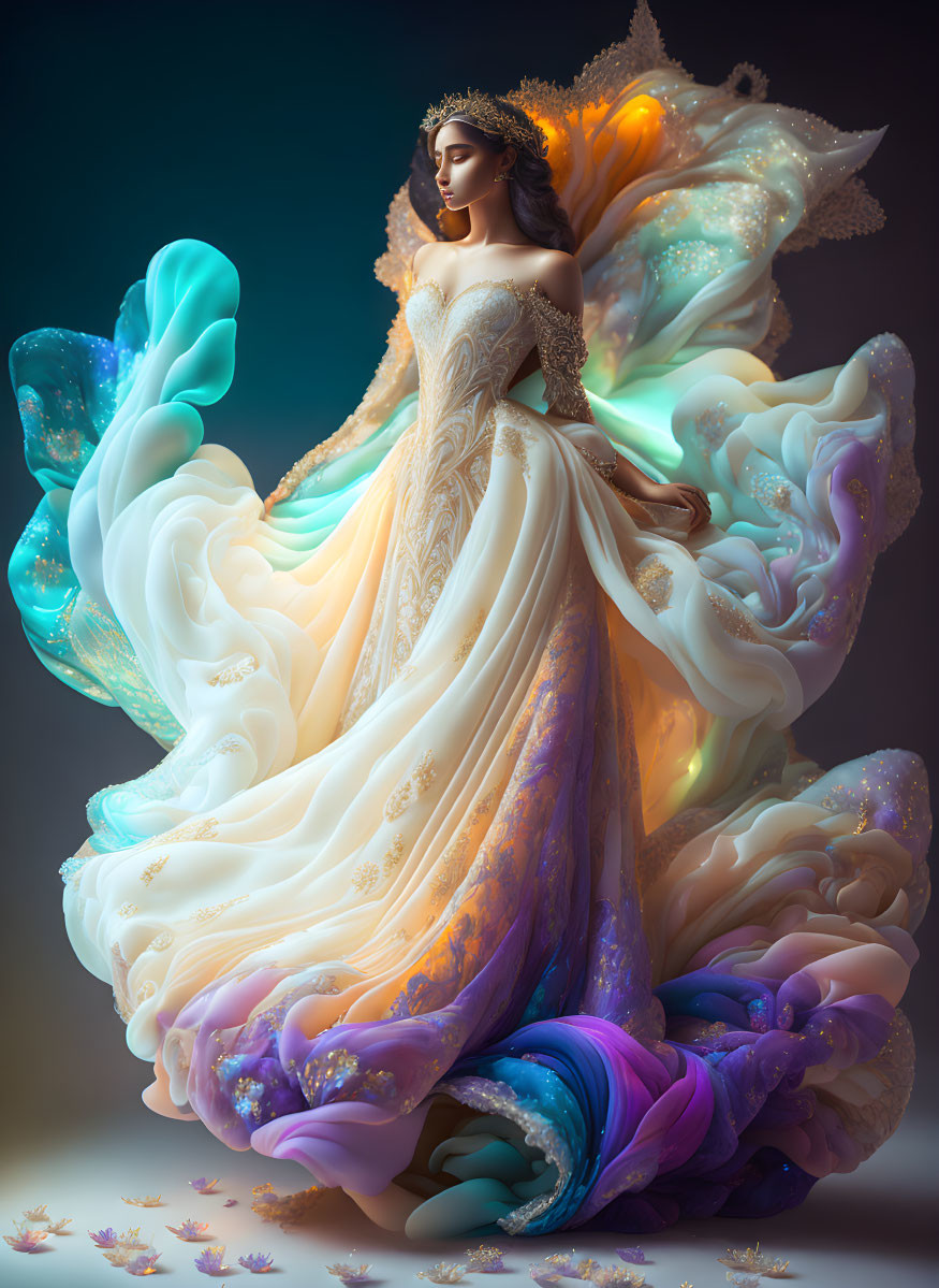 Ethereal woman in multicolored gown with warm glow