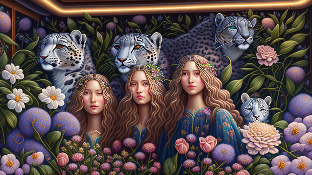 Three women with floral crowns and wild cats in vibrant digital art.