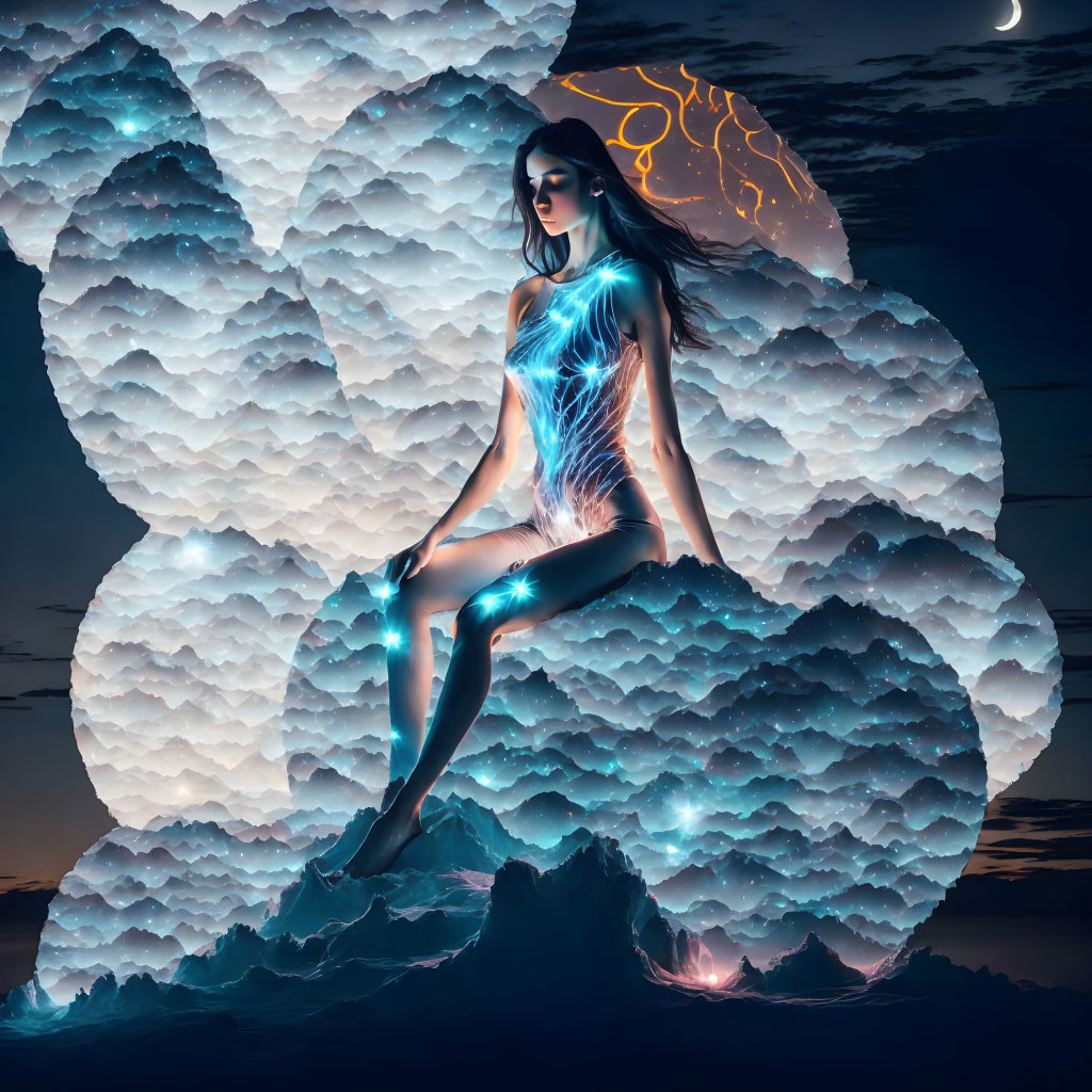 Mystical female figure with glowing blue patterns on jagged rock under night sky