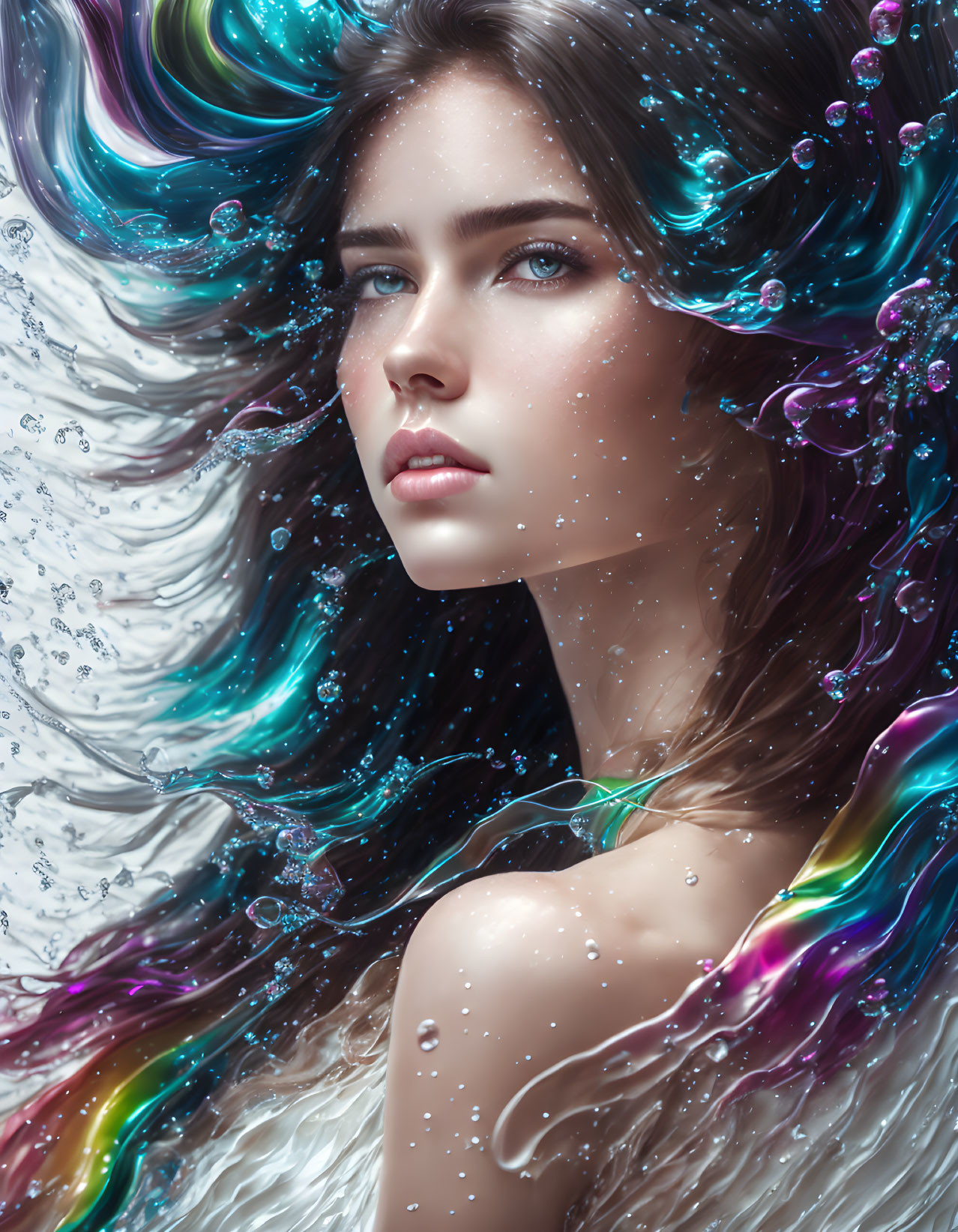 Woman with flowing hair in iridescent water and vivid colors