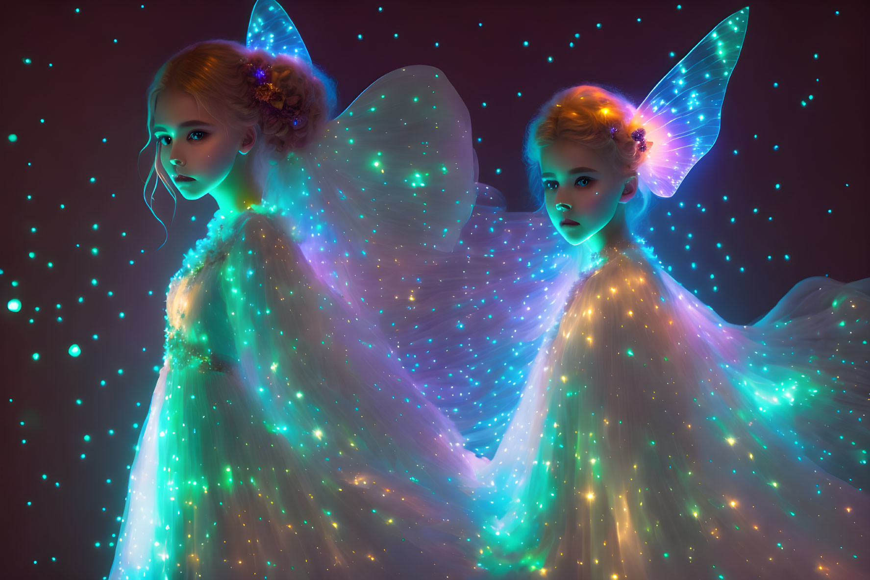 Ethereal figures with butterfly wings in blue and purple glow