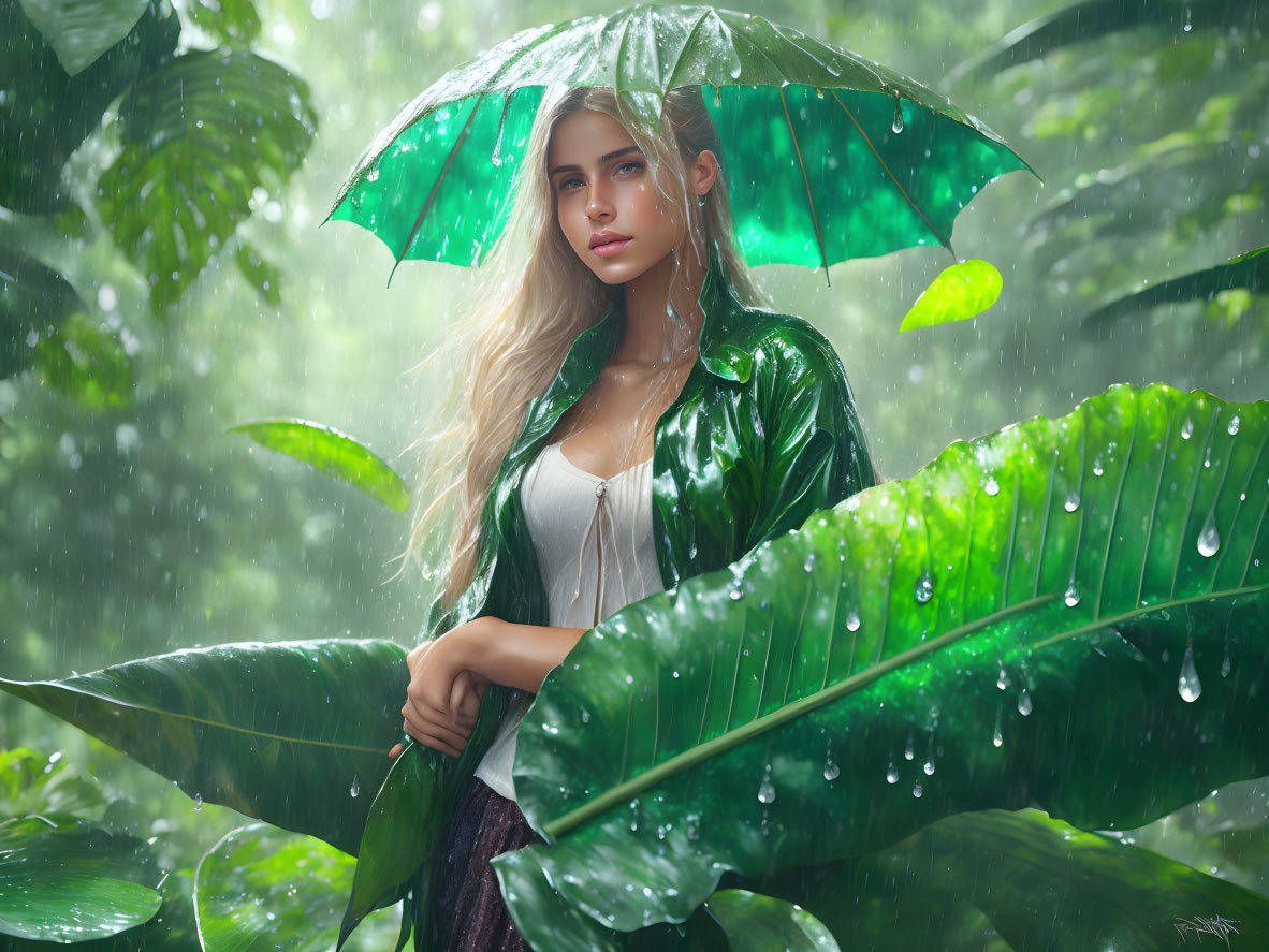 Blonde woman with green umbrella in tropical rainforest.