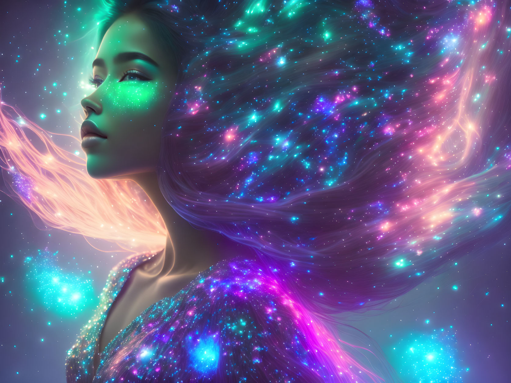 Digital artwork: Woman with flowing hair and cosmic skin pattern on celestial background