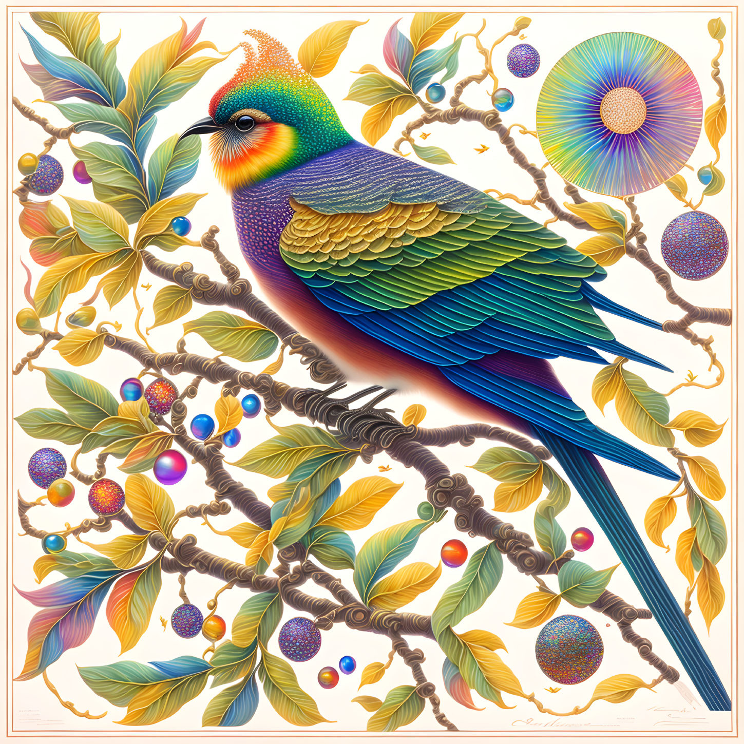 Colorful bird illustration perched on branch with long tail