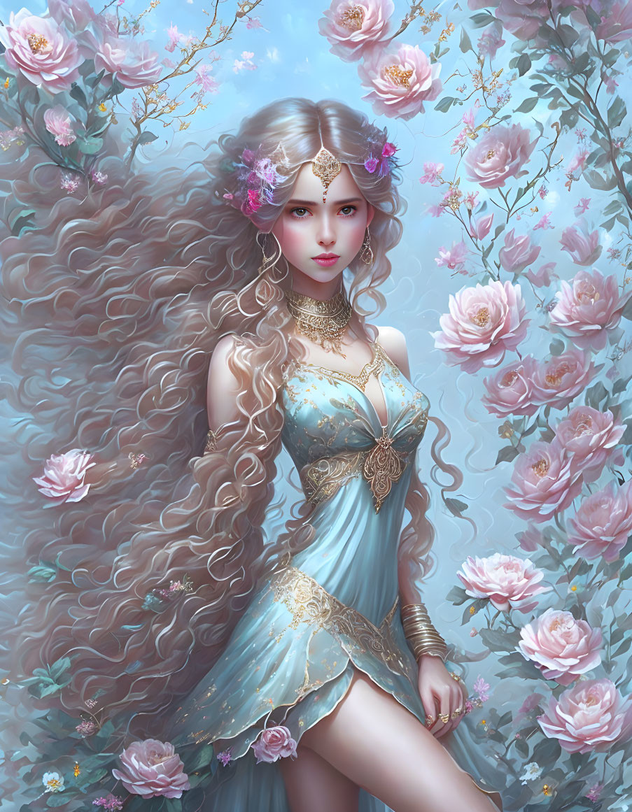 Woman with Long Wavy Hair in Blue and Gold Gown Surrounded by Pink Roses