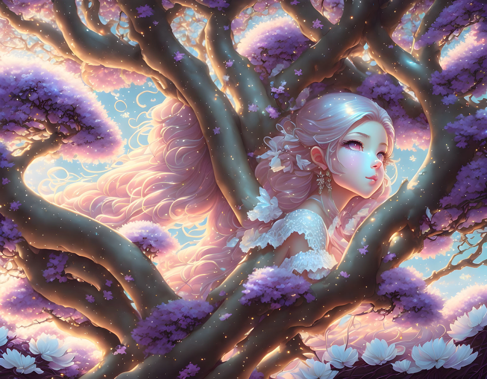 Fantasy illustration of pale-skinned woman in blossoming tree with pink flowers.