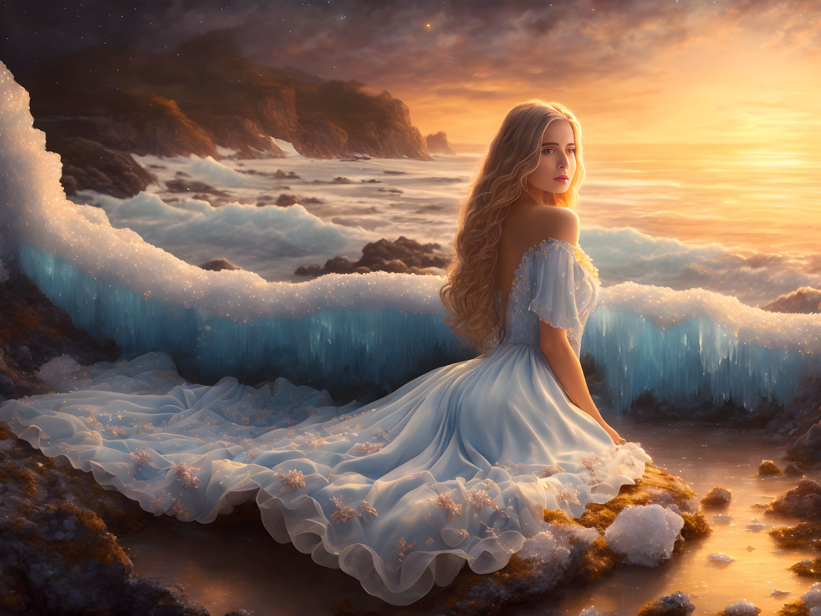Woman in flowing white dress by sea at sunset with cascading hair.