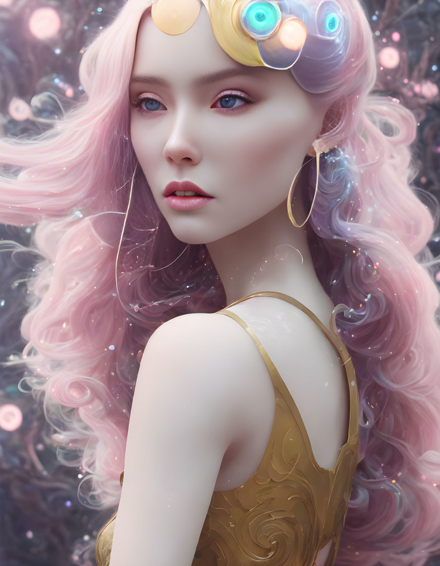 Whimsical character with pink hair and golden headpiece in dreamy digital artwork