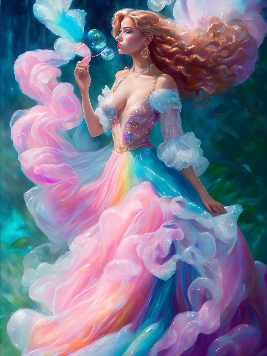 Woman in flowing pastel dress gazes at bubble in fantastical forest