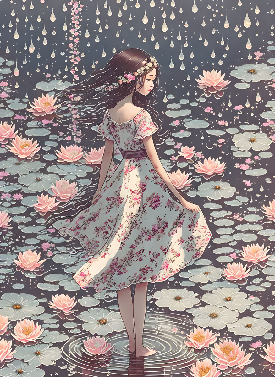 Illustration: Young woman in floral dress surrounded by lotus flowers and falling petals