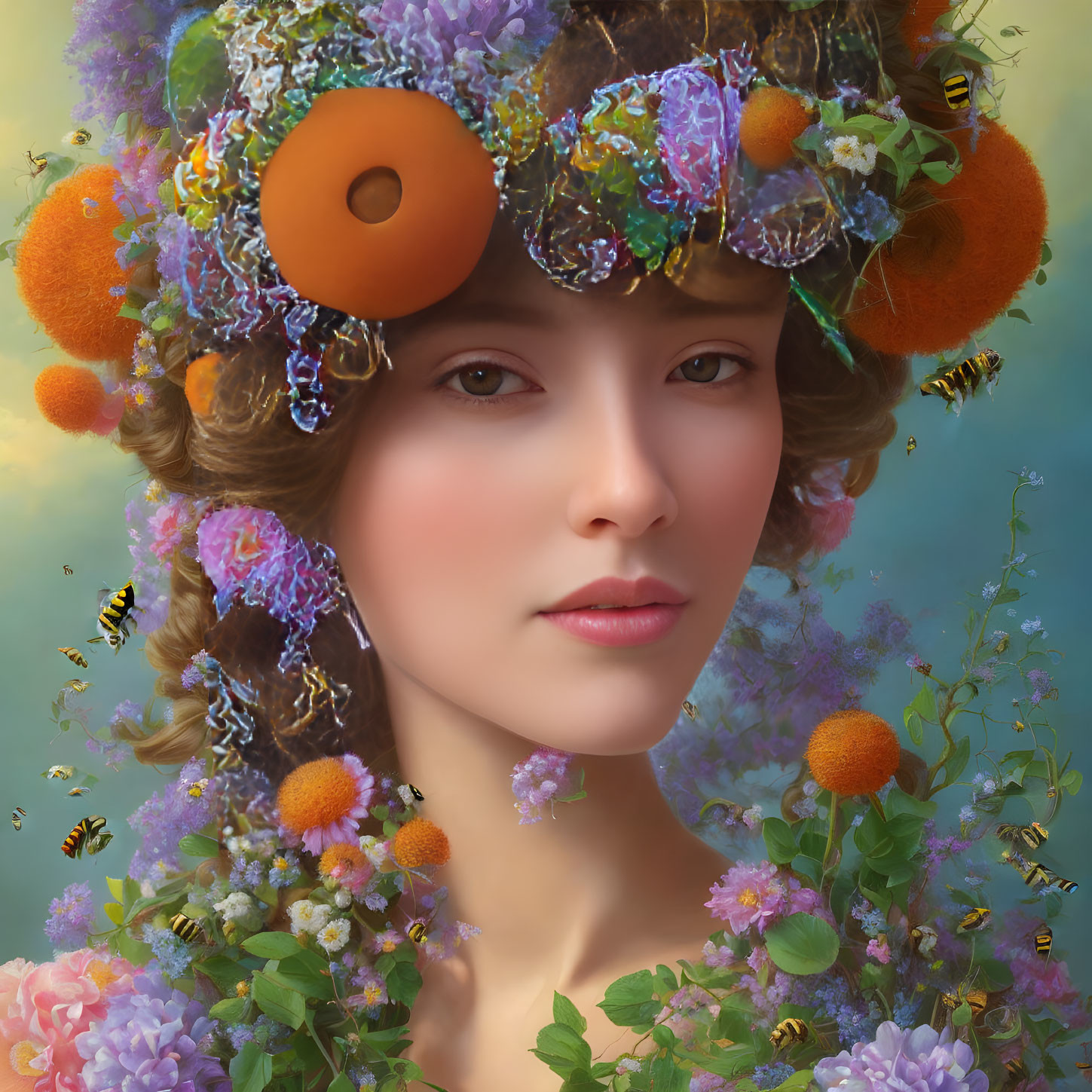 Woman portrait with vibrant floral and fruit headdress, bees, pastel background