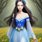 Portrait of woman in blue floral dress with flowing hair in whimsical setting