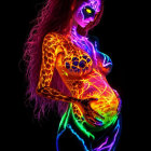 Colorful neon body paint outlines dynamic pose against black background