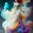 Ethereal woman in multicolored gown with warm glow