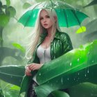 Blonde woman with green umbrella in tropical rainforest.
