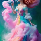 Woman in flowing pastel dress gazes at bubble in fantastical forest