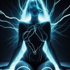 Digital artwork of woman with glowing blue lightning-like lines on dark background